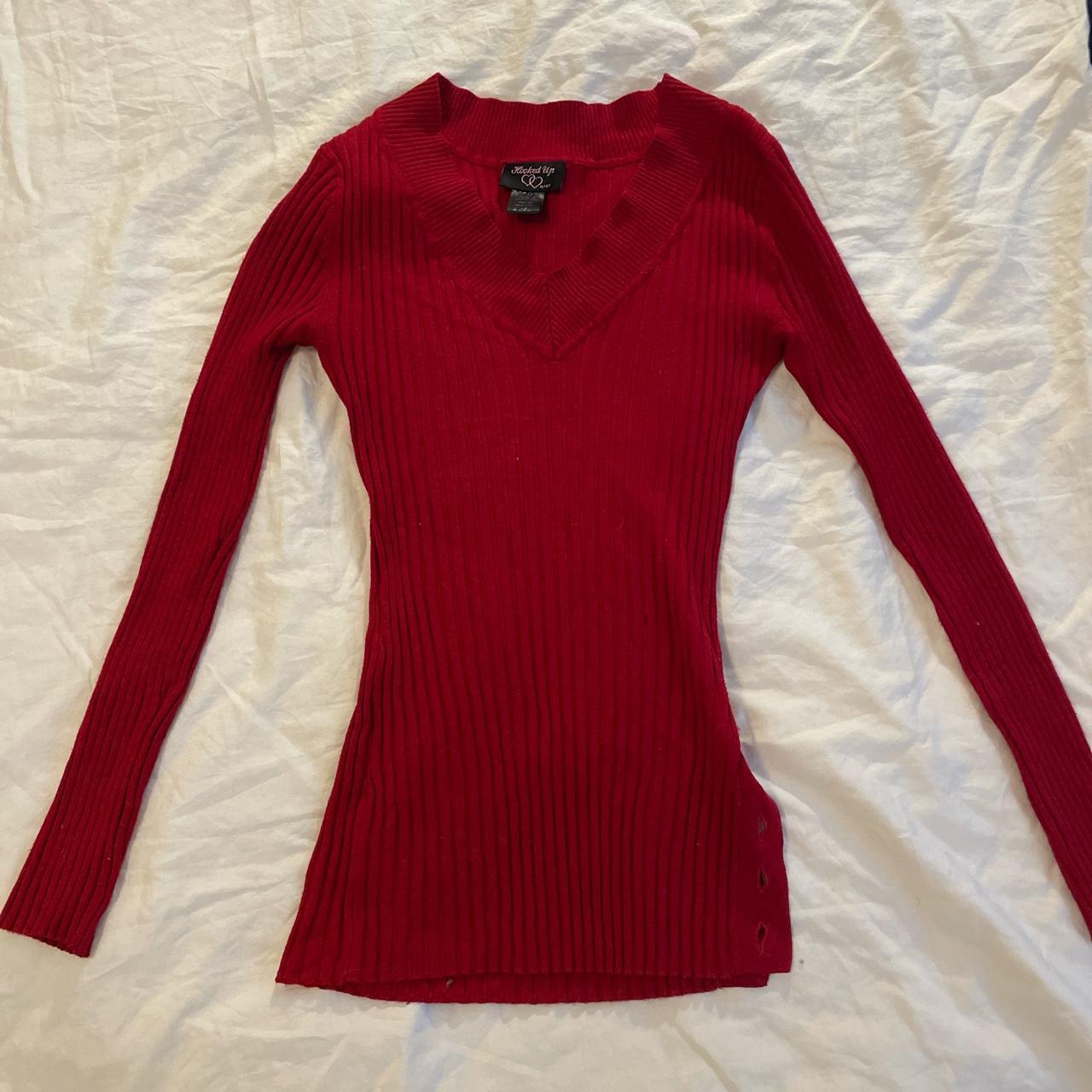 Red V-neck sweater long sleeve. Tag says Hooked Up.... - Depop