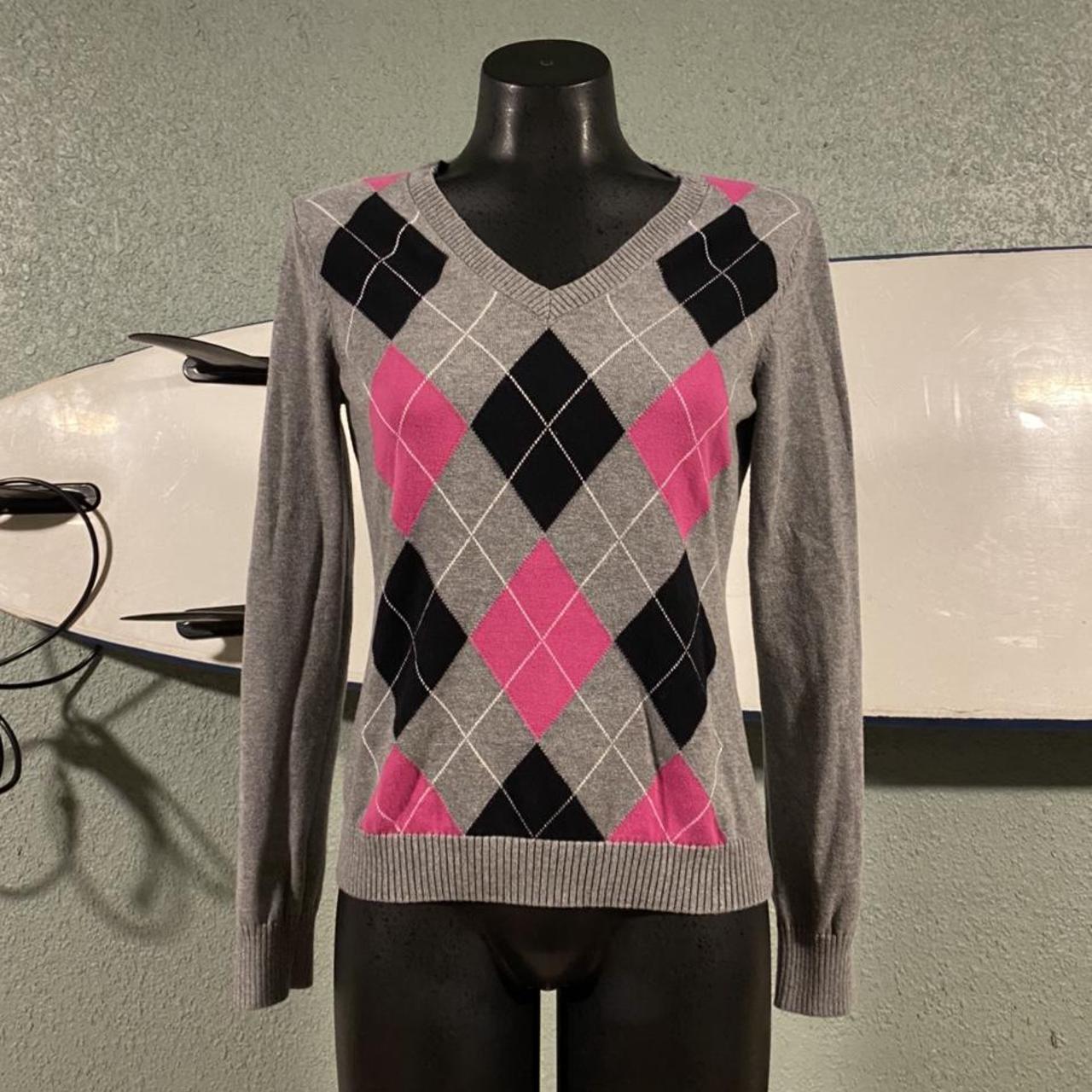 pink and black argyle sweater