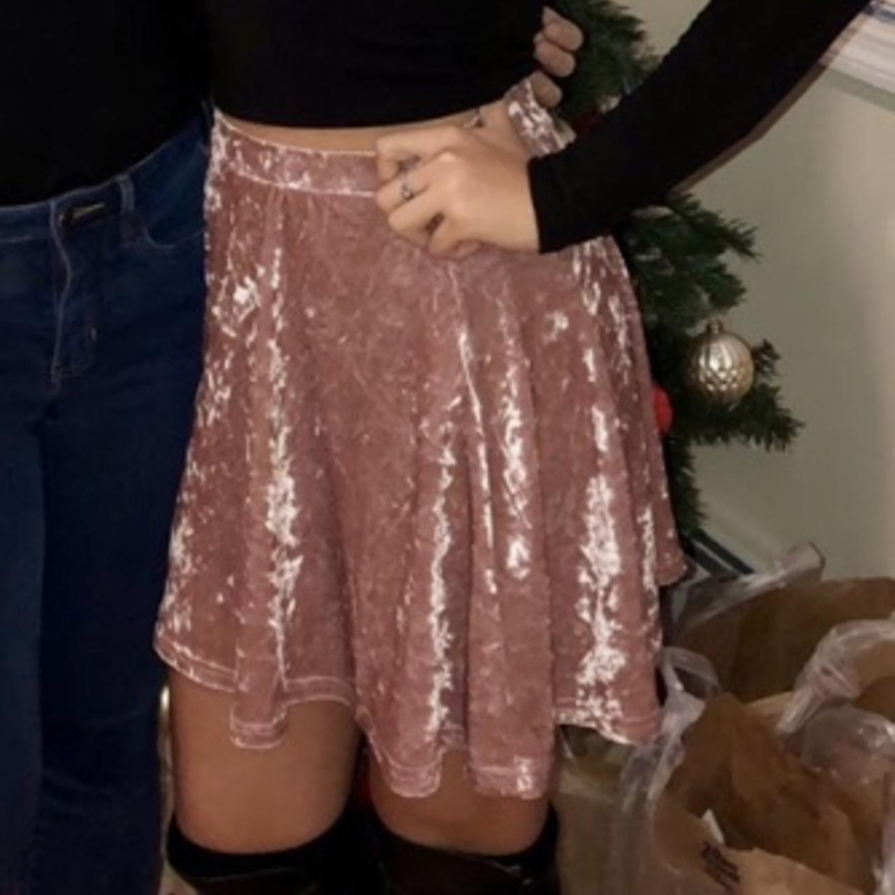 Boutique Pink Velvet Skater Skirt wore Depop
