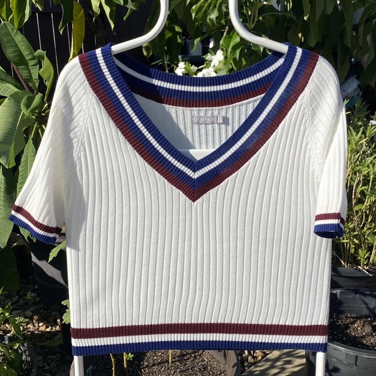 white sweater with blue stripes on sleeves great - Depop