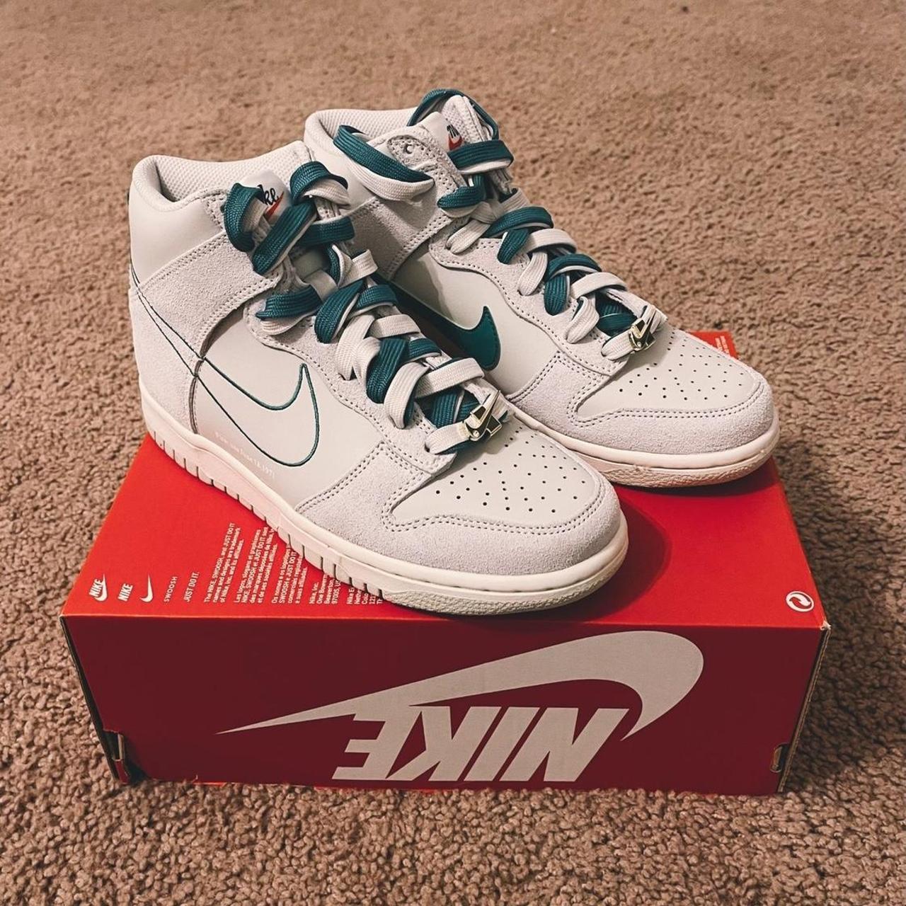 nike dunk high first use sail se. light bone green... - Depop