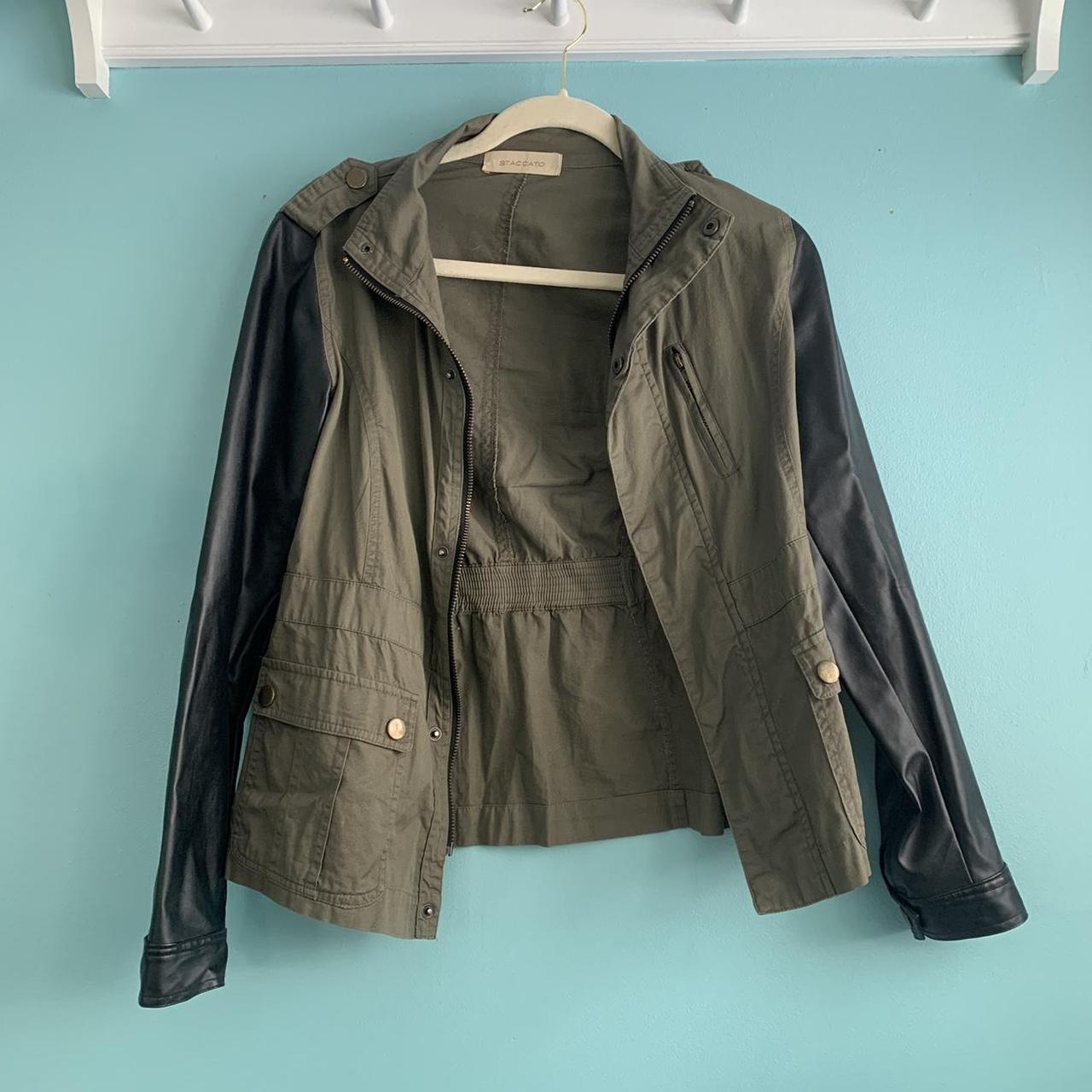 green utility jacket with leather sleeves