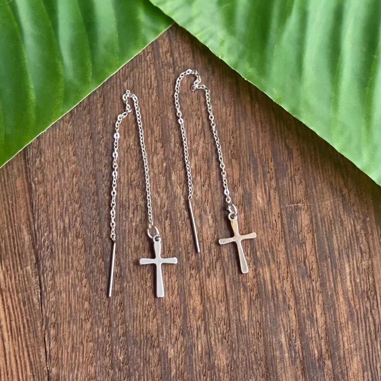 〰️Silver Cross threader earrings ️Silver tone... - Depop