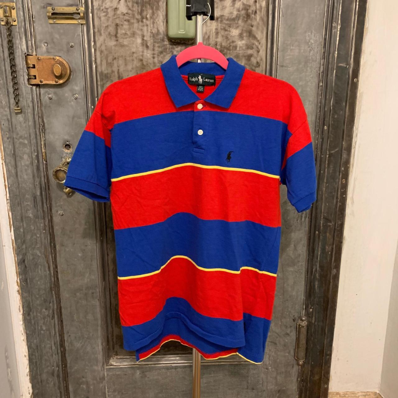 Vintage wide red, yellow and blue striped polo... - Depop