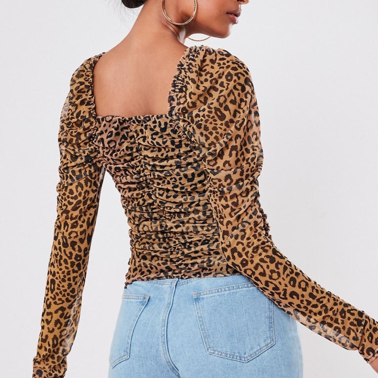 brown leopard mesh ruched milkmaid top