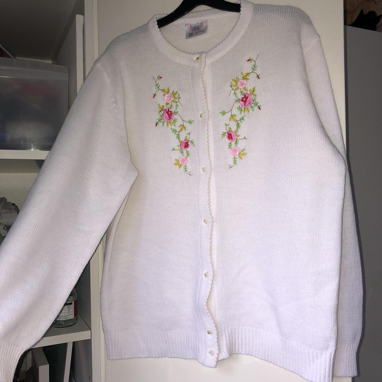 Vintage white cardigan with pink and green floral... - Depop