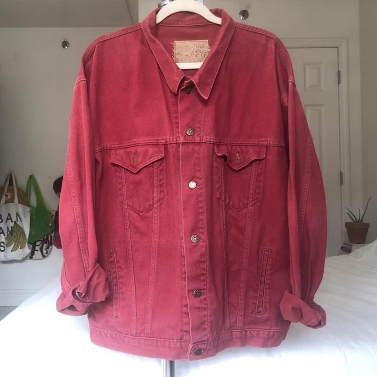 Red Denim Jacket Condition - Used/ Good Size: M/L... - Depop