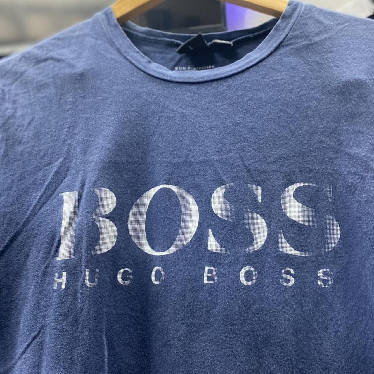 Vintage Hugo Boss Men’s Blue T-Shirt Size... - Depop