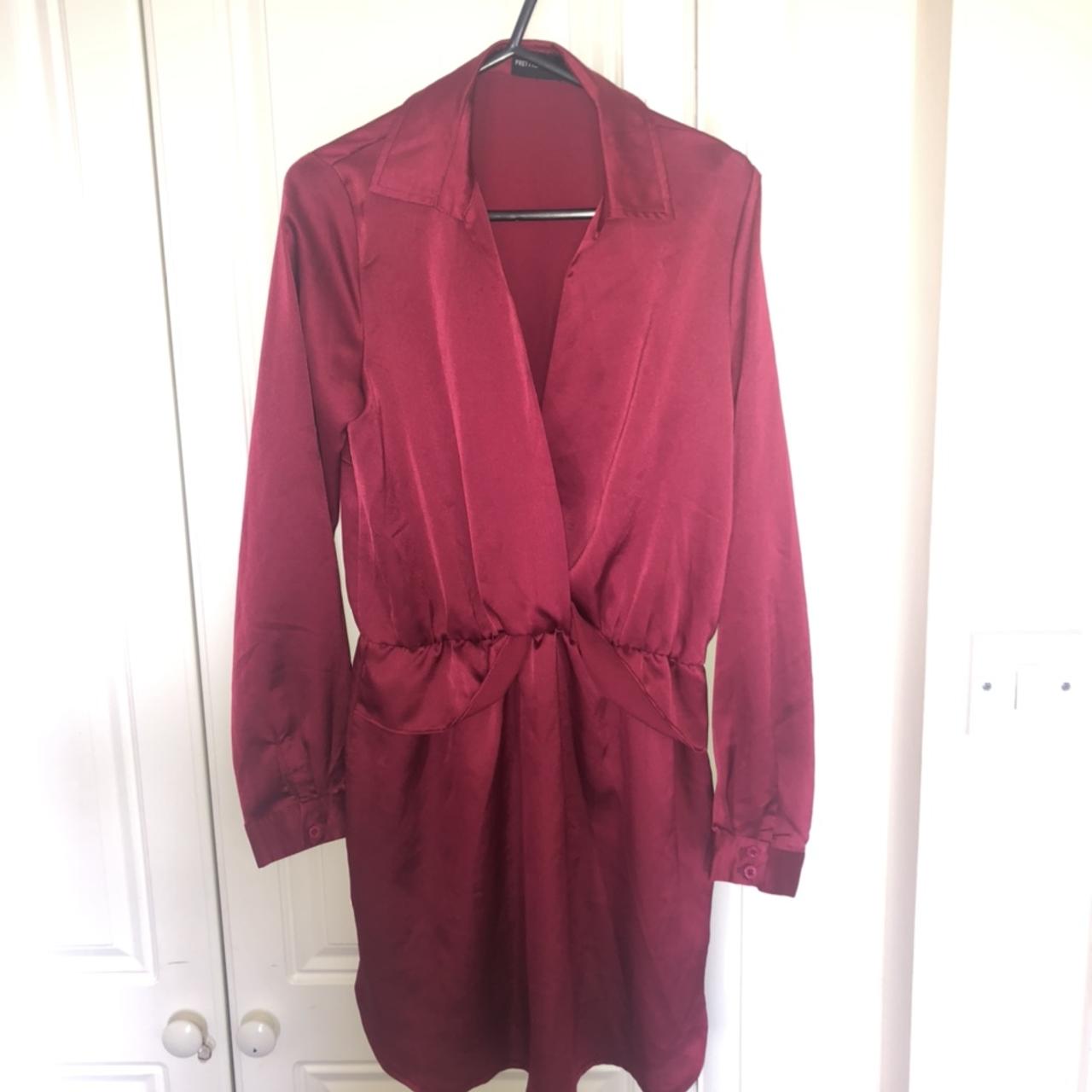 Katalea Burgundy Twist Front Silky Shirt dress... - Depop