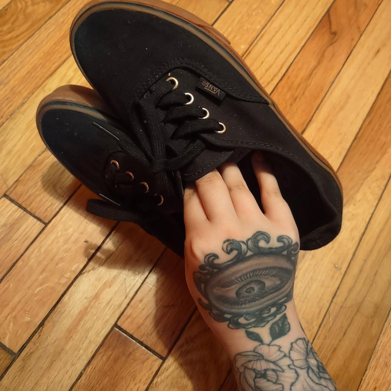 Vans authentic black clearance gum sole on feet