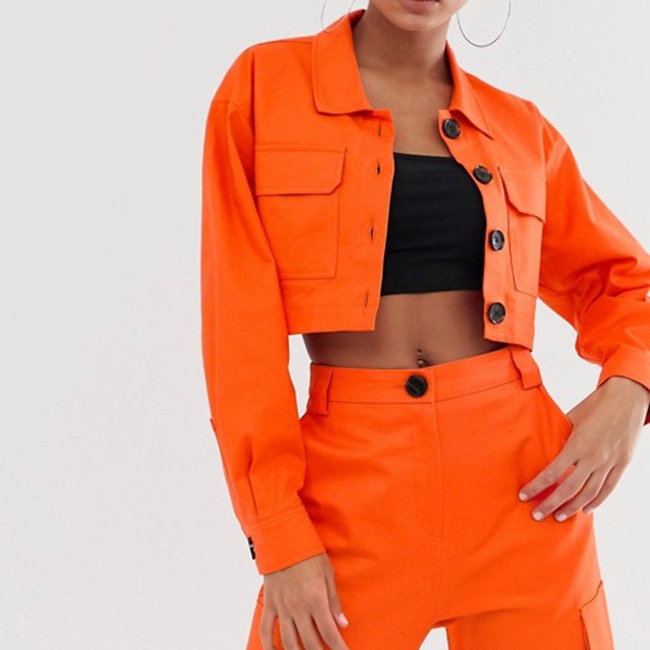 orange cropped denim jacket