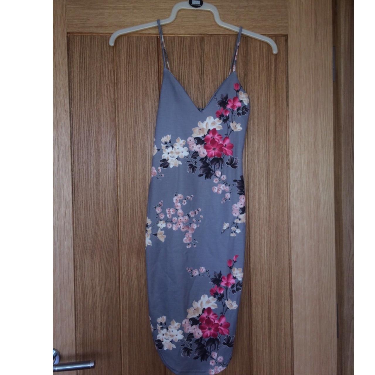 Grey oriental strappy curve hem mini dress Depop