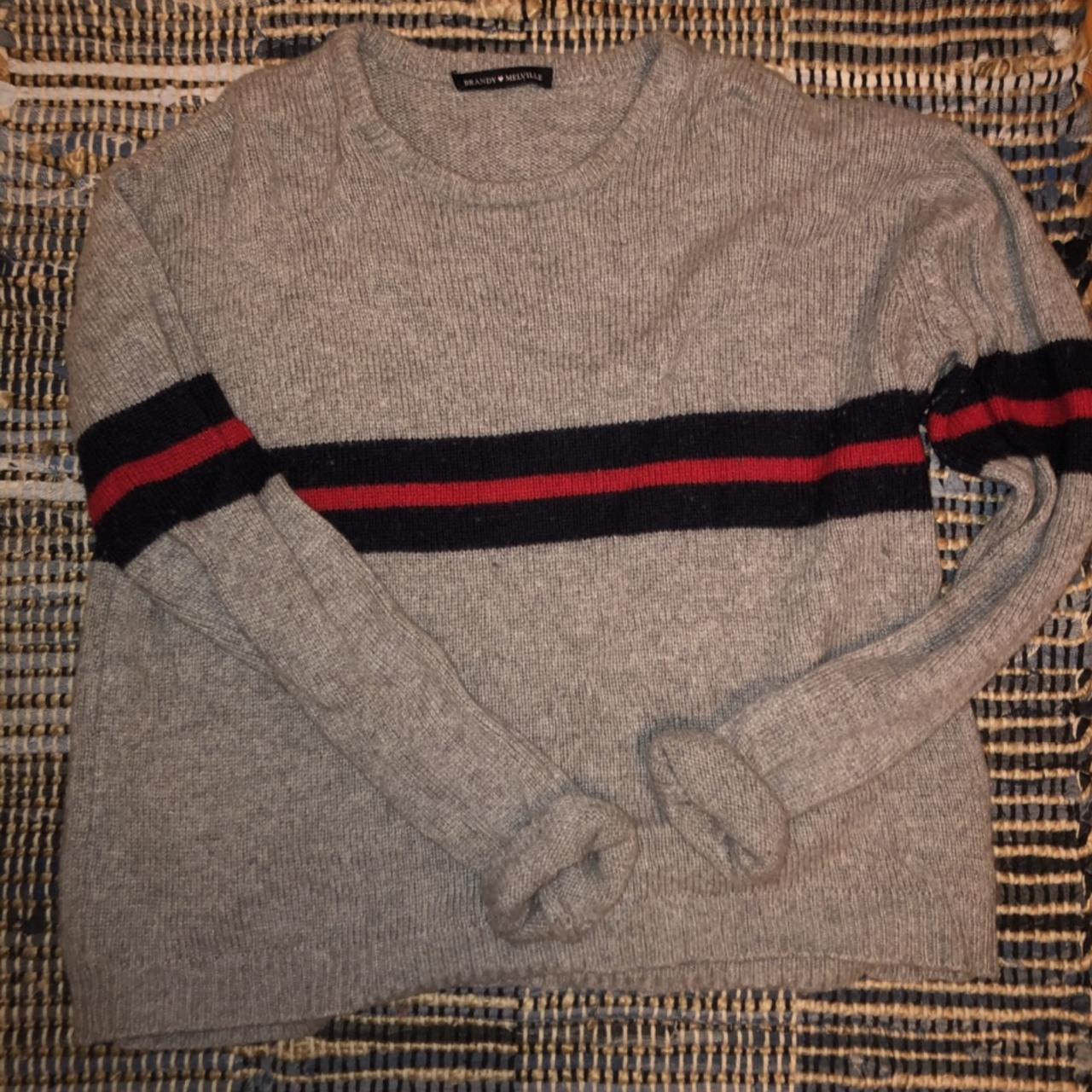 Brandy Melville knit grey sweater with navy and red... Depop