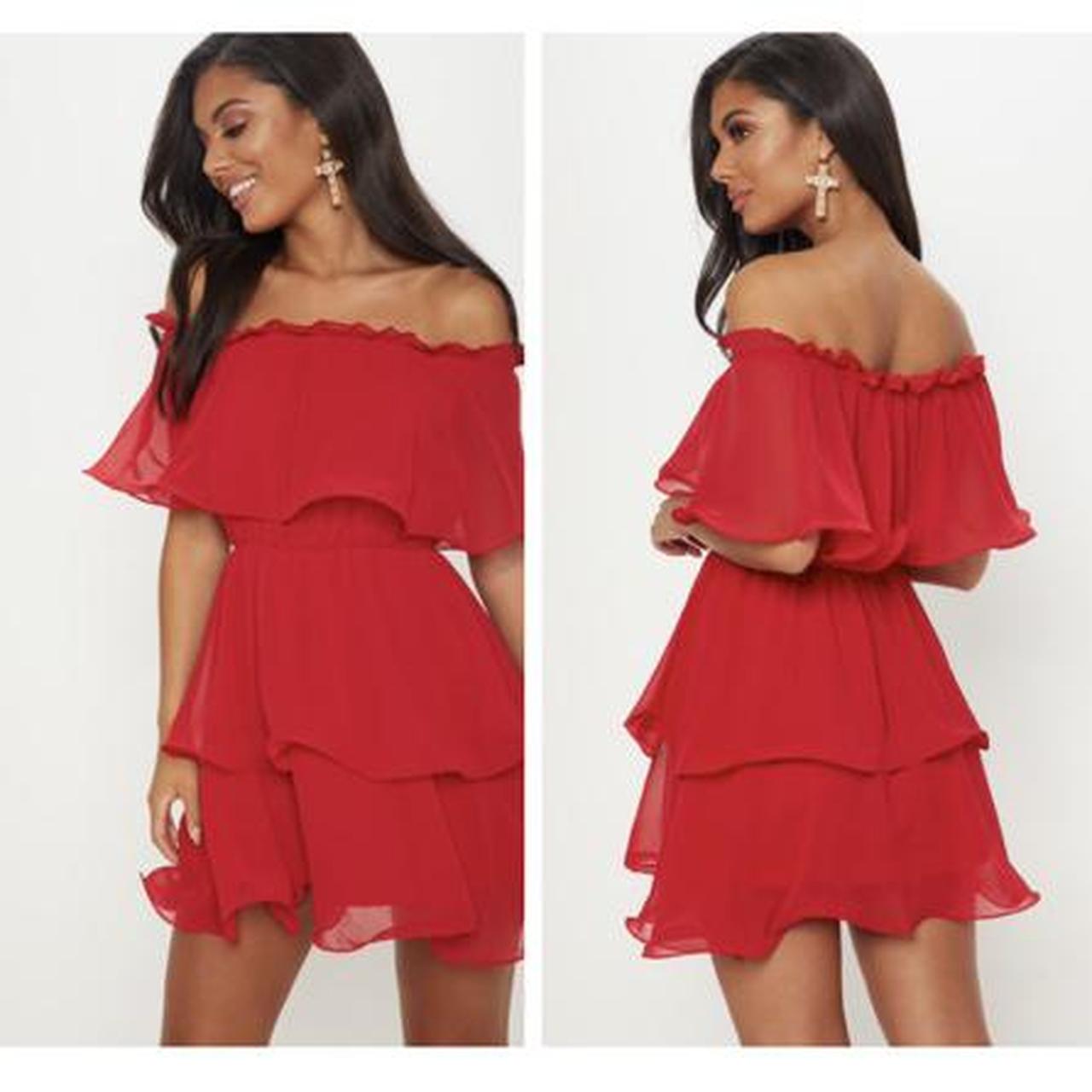 pretty little thing red chiffon ruffle dress