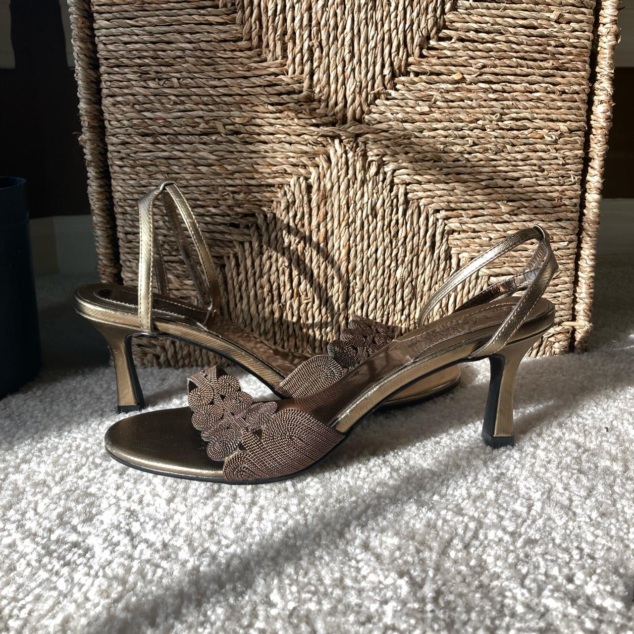 Swirly bronze kitten heels. Ankle strap improves... - Depop