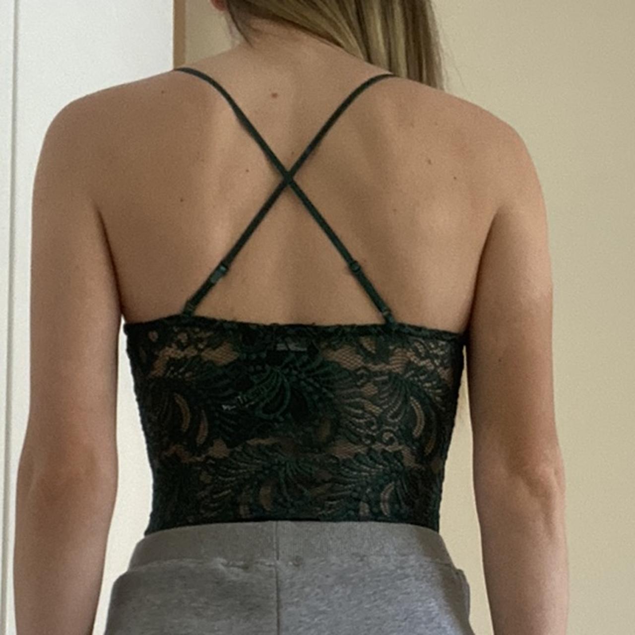 Dark Green Sheer Lace Cross Back Bodysuit from PrettyLittleThing