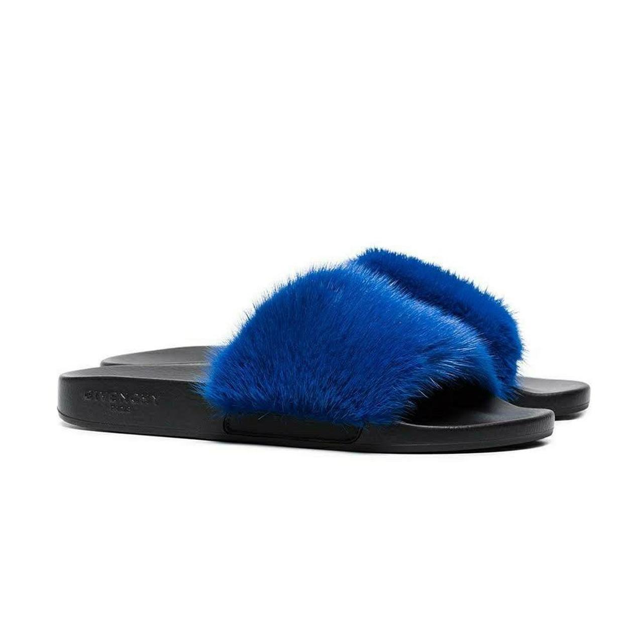 GIVENCHY Mink Fur Sandals Pool Slides Electric Blue