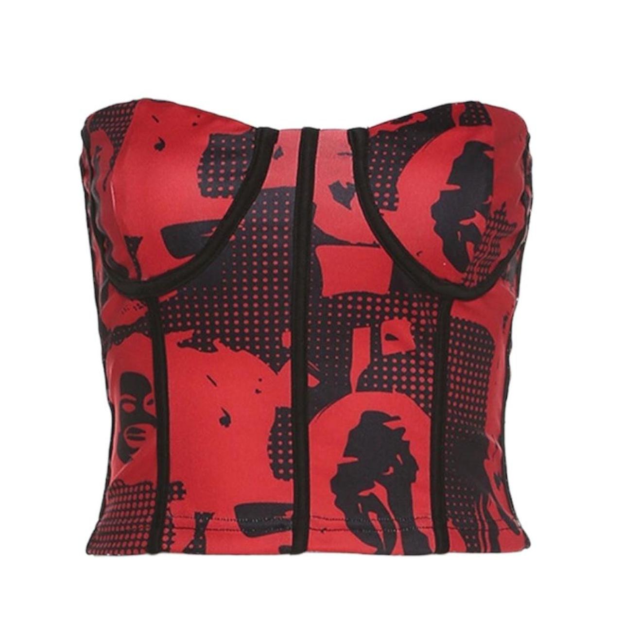 Red graphic corset crop top, Features black comic