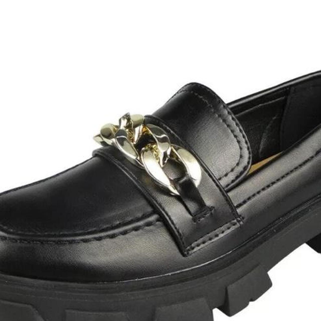 Black chunky loafers Slip on and have gold chain... - Depop