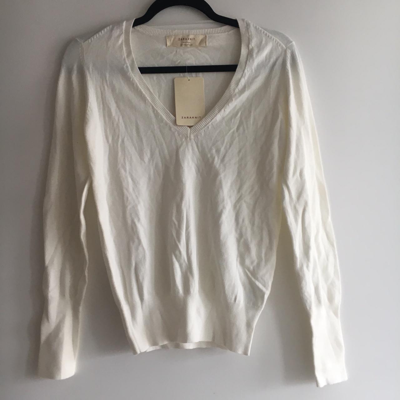 Zara white knit v-neck sweater jumper Size L