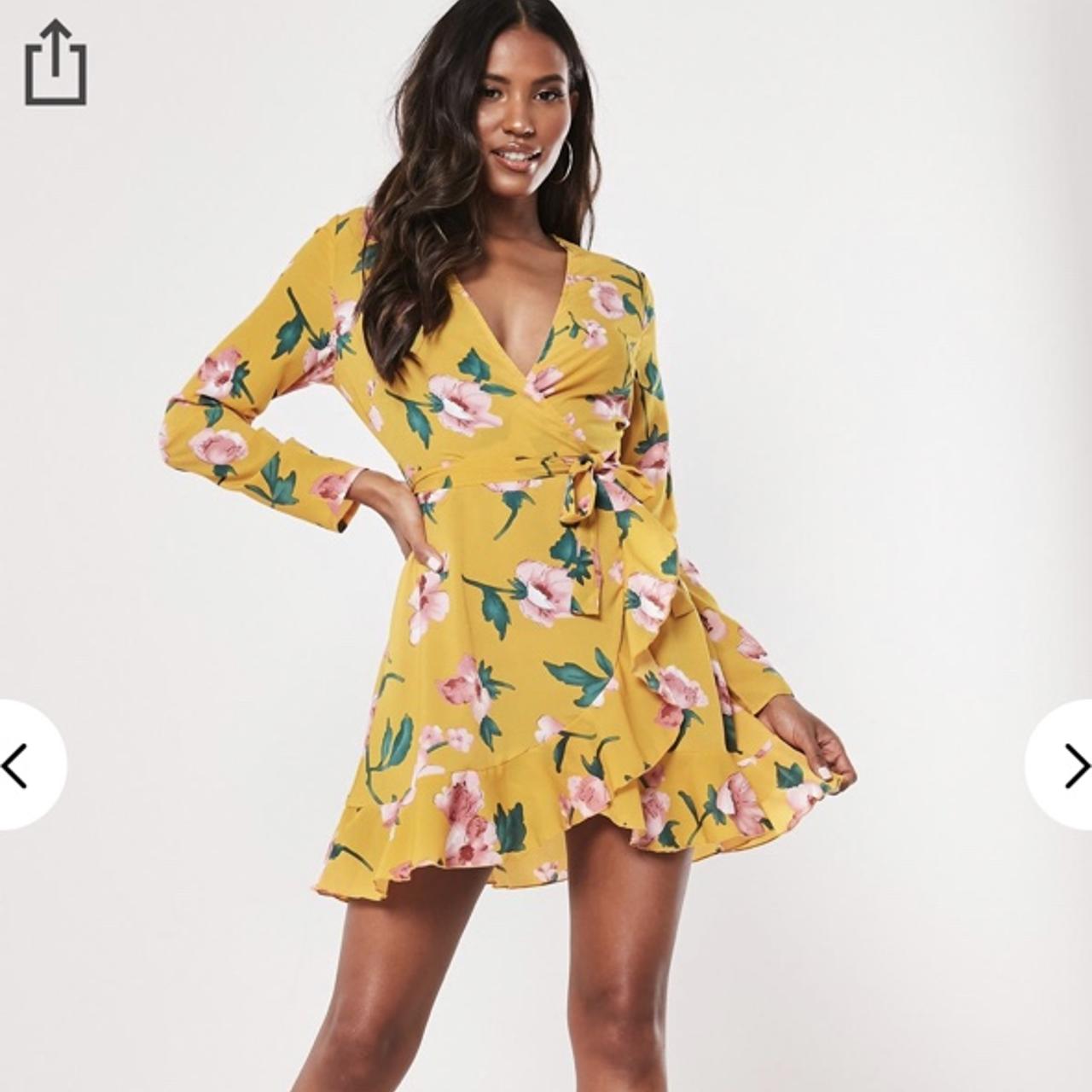 Floral mustard wrap tea dress, missguided Depop