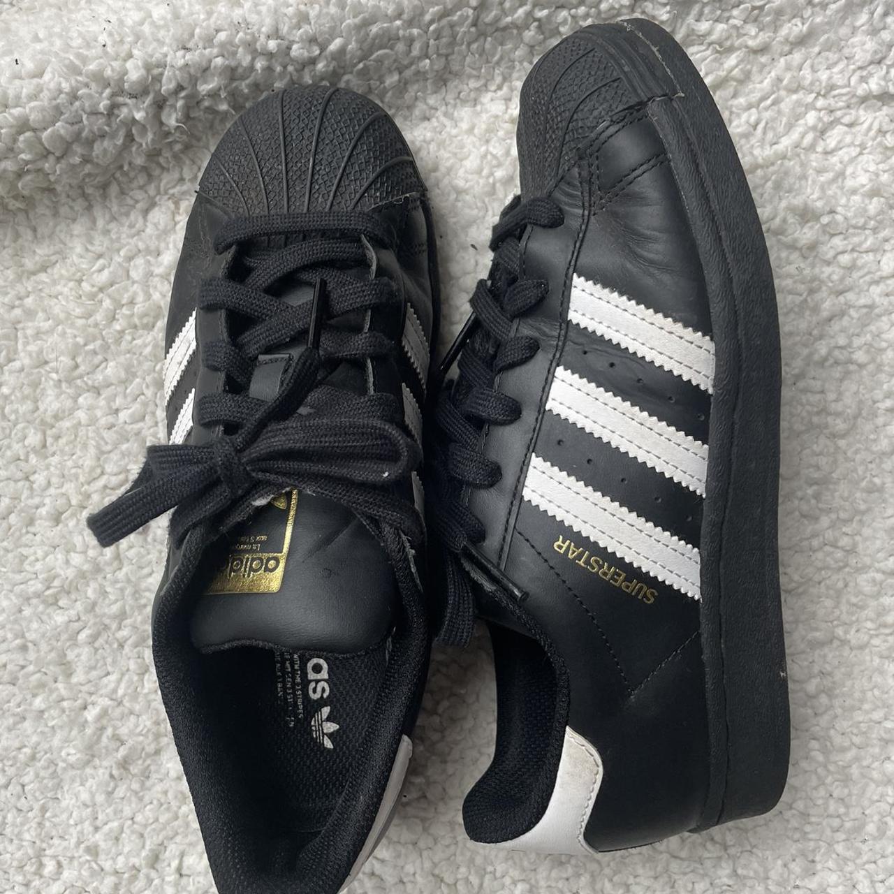 black and white adidas superstars size uk 4 worn but... - Depop