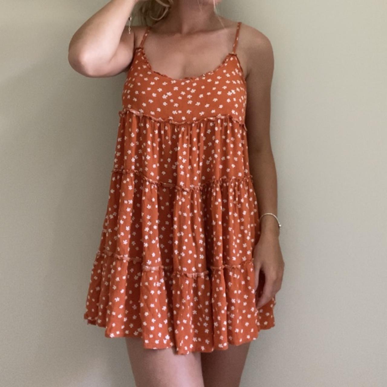 Bershka Women's Orange and White Dress Depop