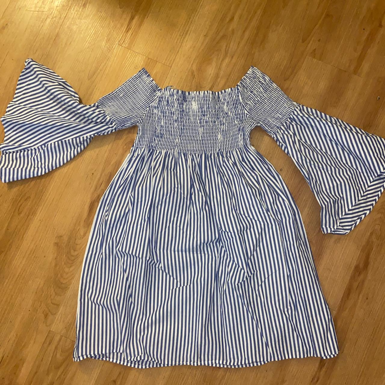 Blue Striped Off the Shoulder Dress - Depop