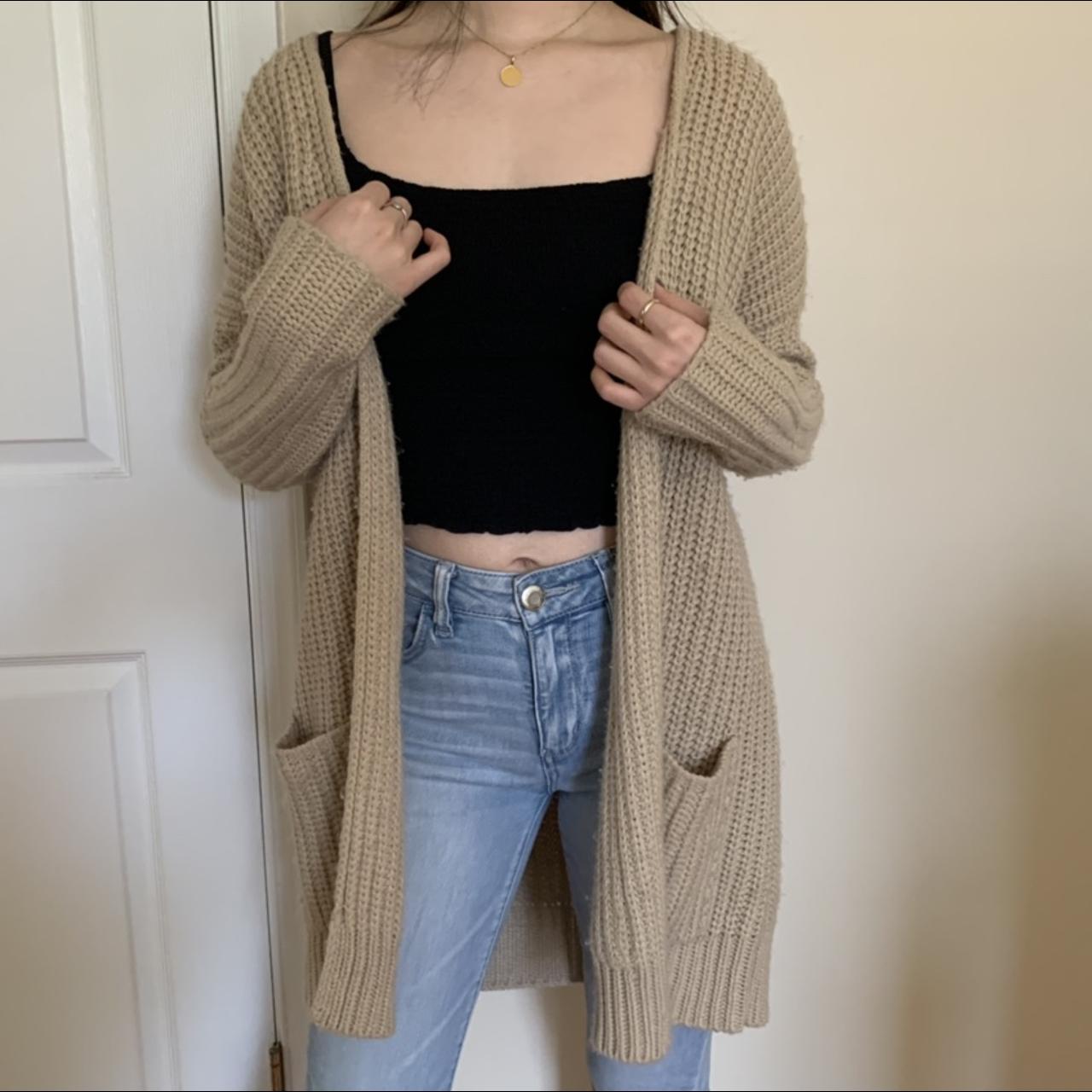long tan cardigan from forever 21. Has been worn a... Depop