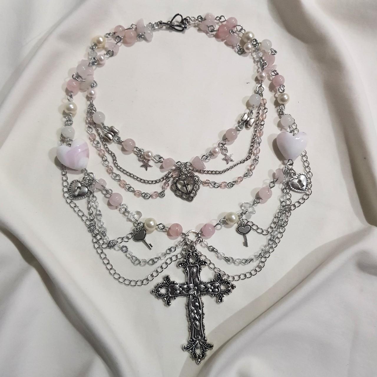 stunning pink cross necklace ♡ handmade by me with... Depop