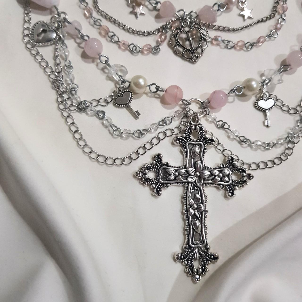 stunning pink cross necklace ♡ handmade by me with... Depop