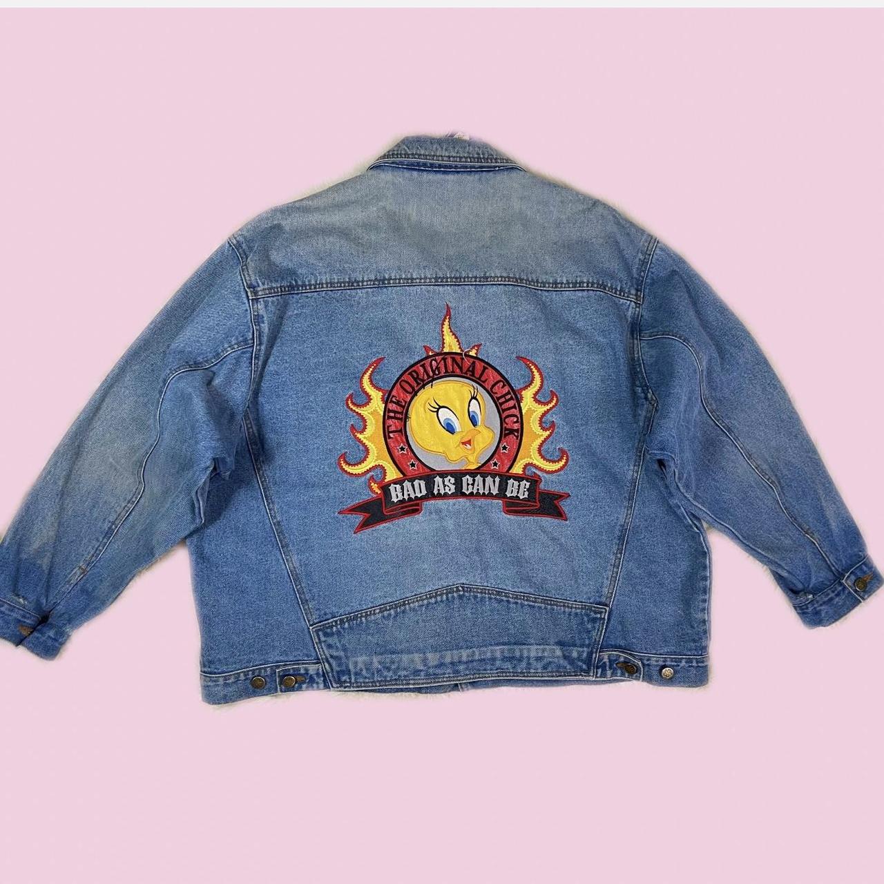 Rare 1998 vintage denim jacket with large leather... - Depop