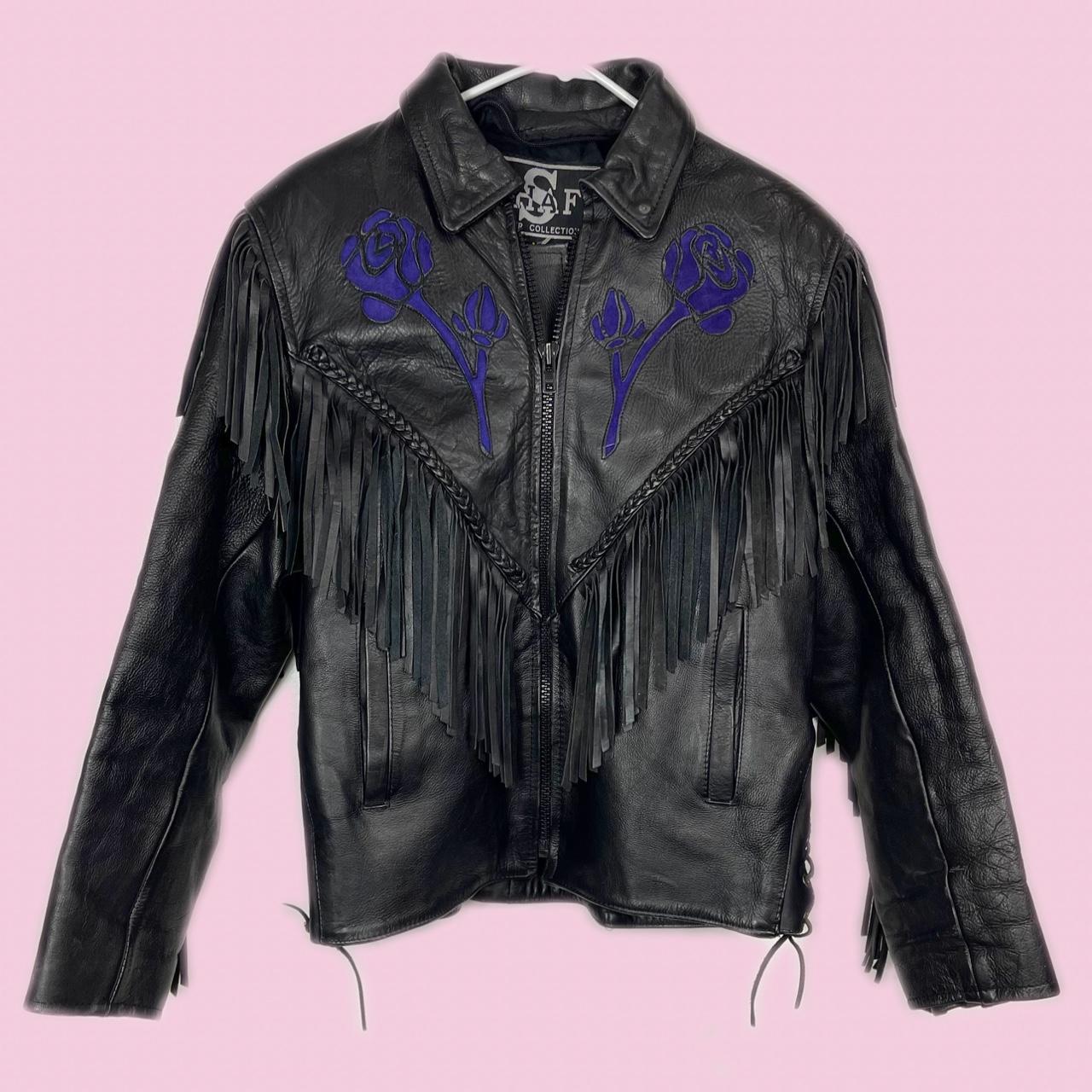 Black 1990s vintage fringed leather jacket with...