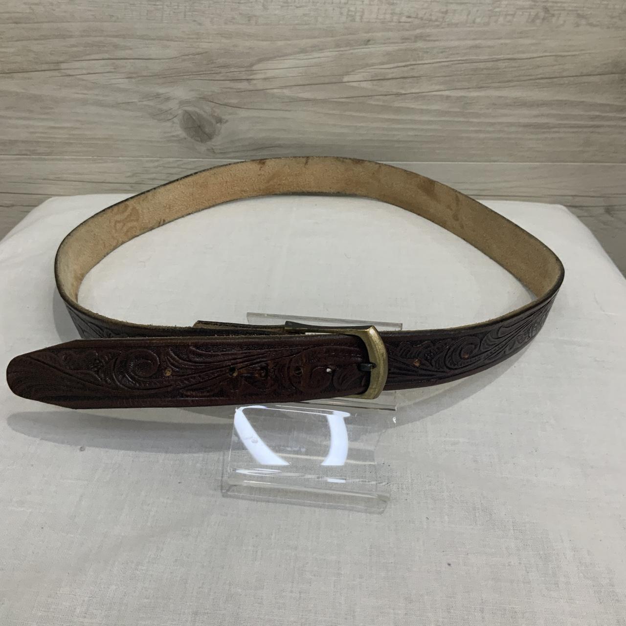 Dark brown tooled leather belt size 38 aged brass... - Depop