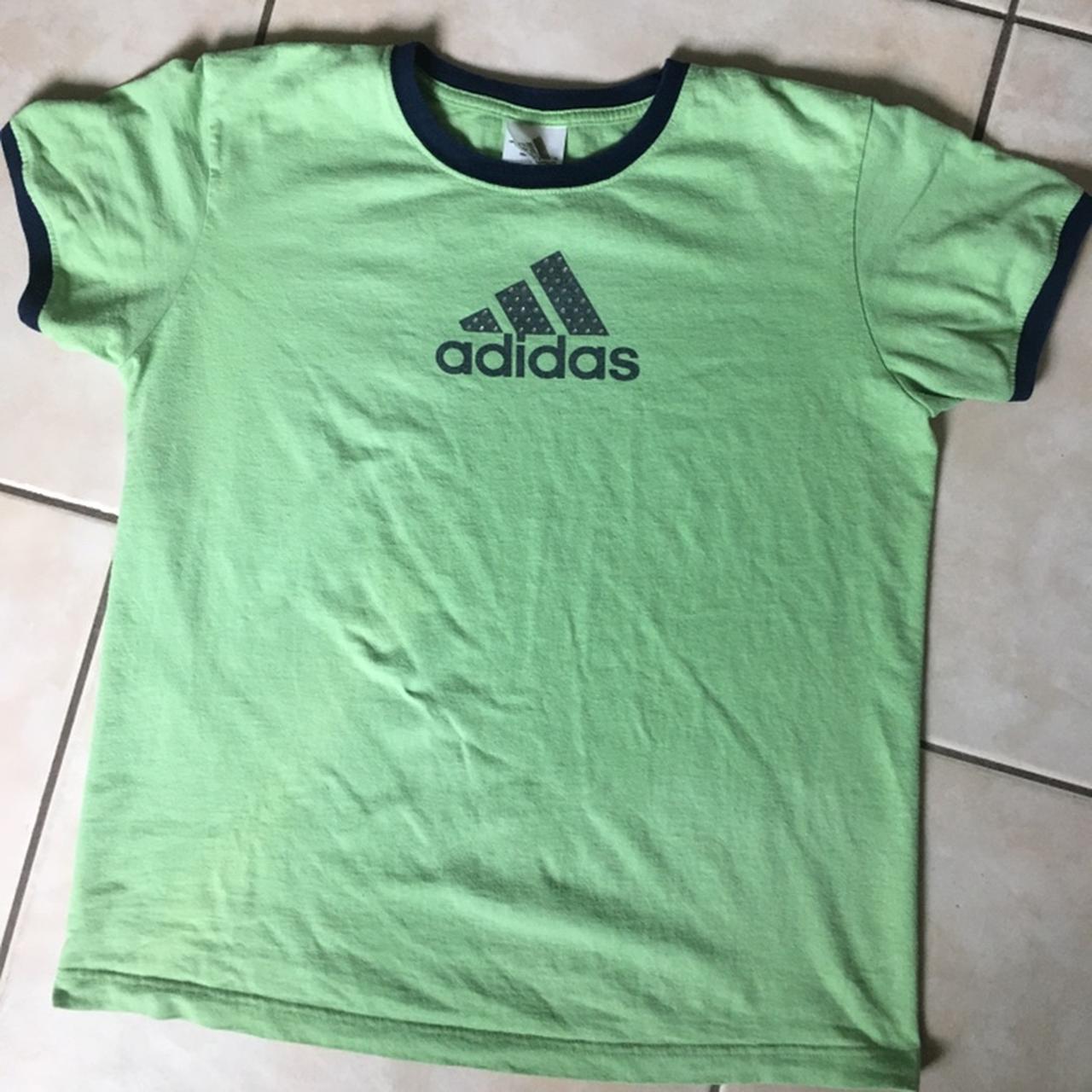 Adidas green and navy ringer with a bedazzled... - Depop