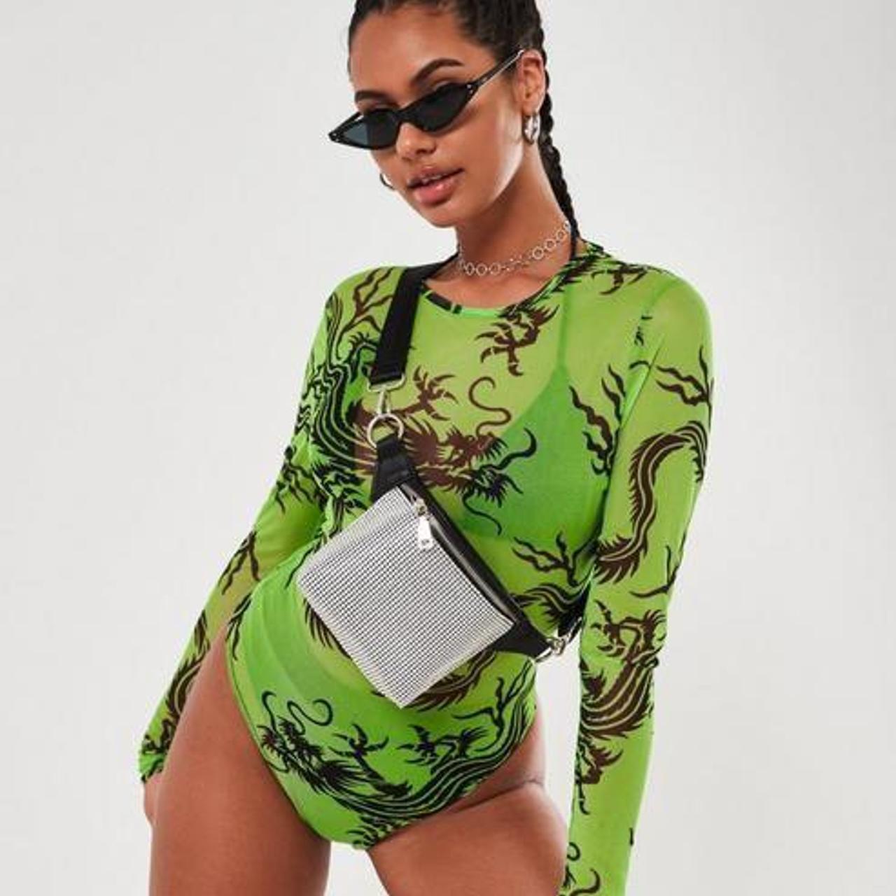 🖤 Mesh lime green dragon print bodysuit from... Depop