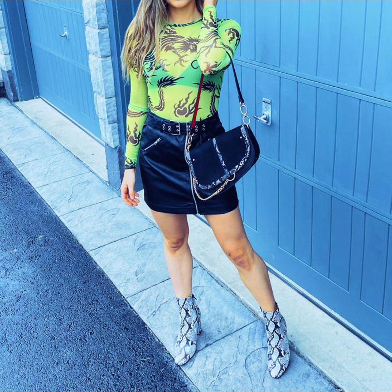 🖤 Mesh lime green dragon print bodysuit from... Depop