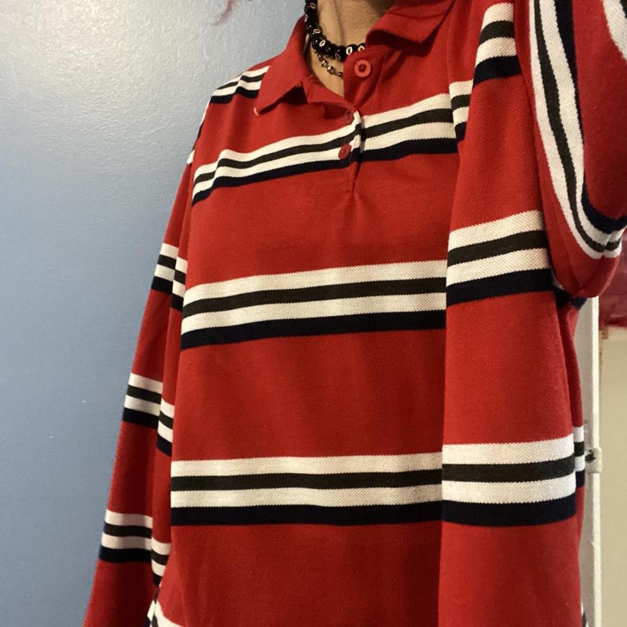 oversized long sleeve polo shirt red black and white... - Depop
