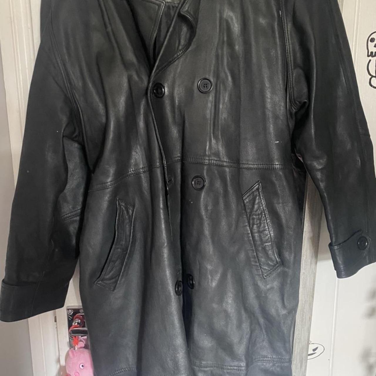 90s mens long leather jacket Does not say a size but... - Depop