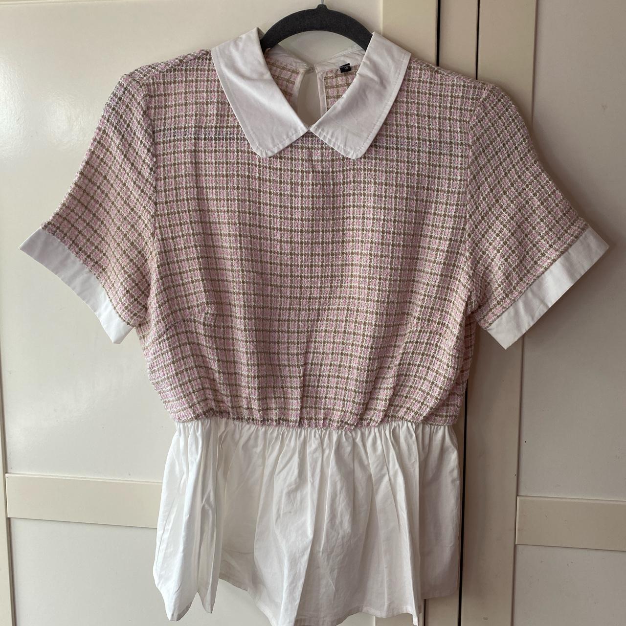 Pale pink and white collared peplum top. -Size... - Depop