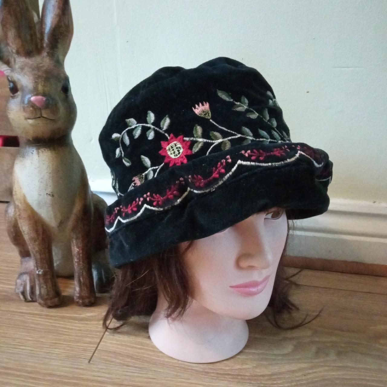 Vintage Black Velvet hat with Embroidered... Depop