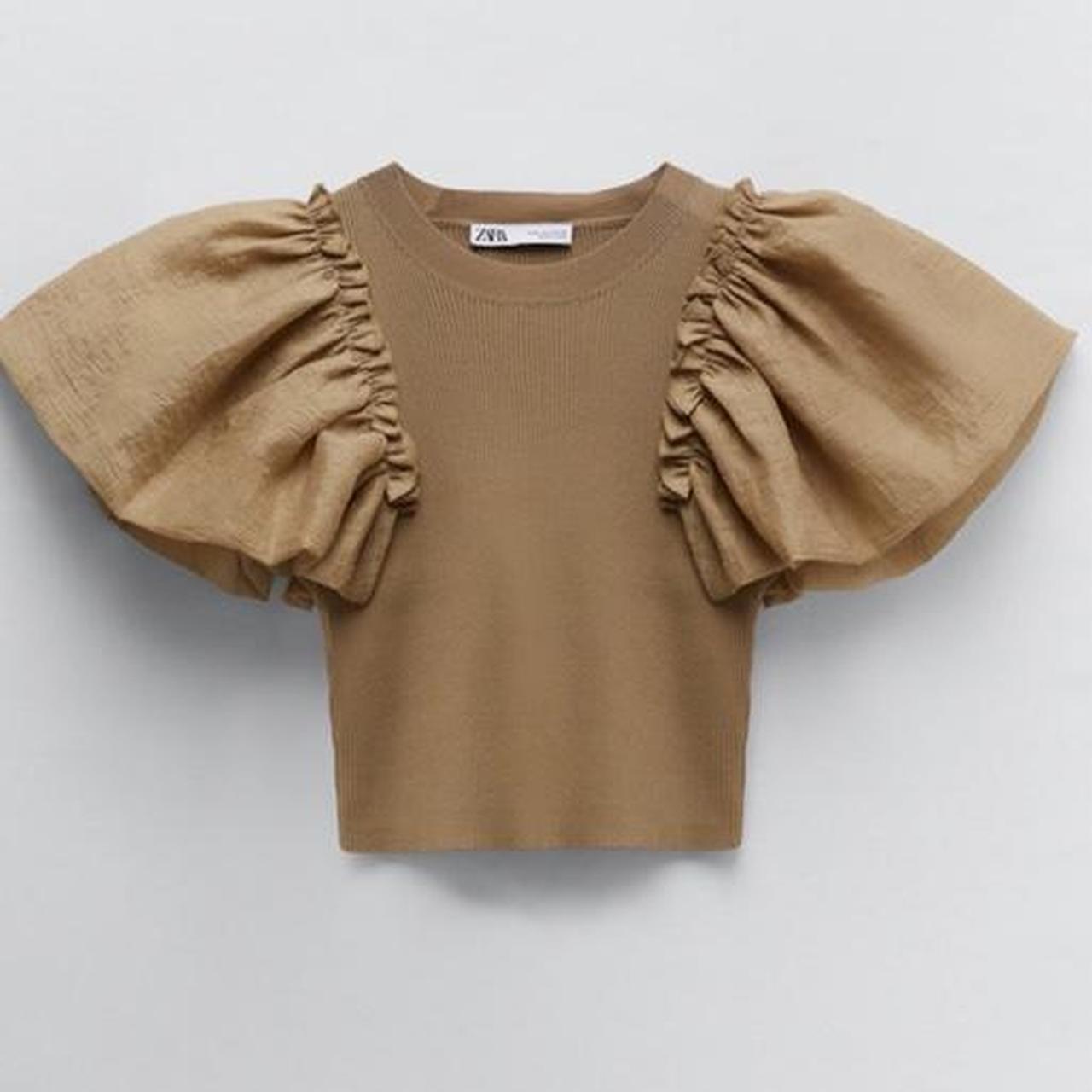 zara knit/tulle frill ruffle sleeve dark beige/brown... Depop