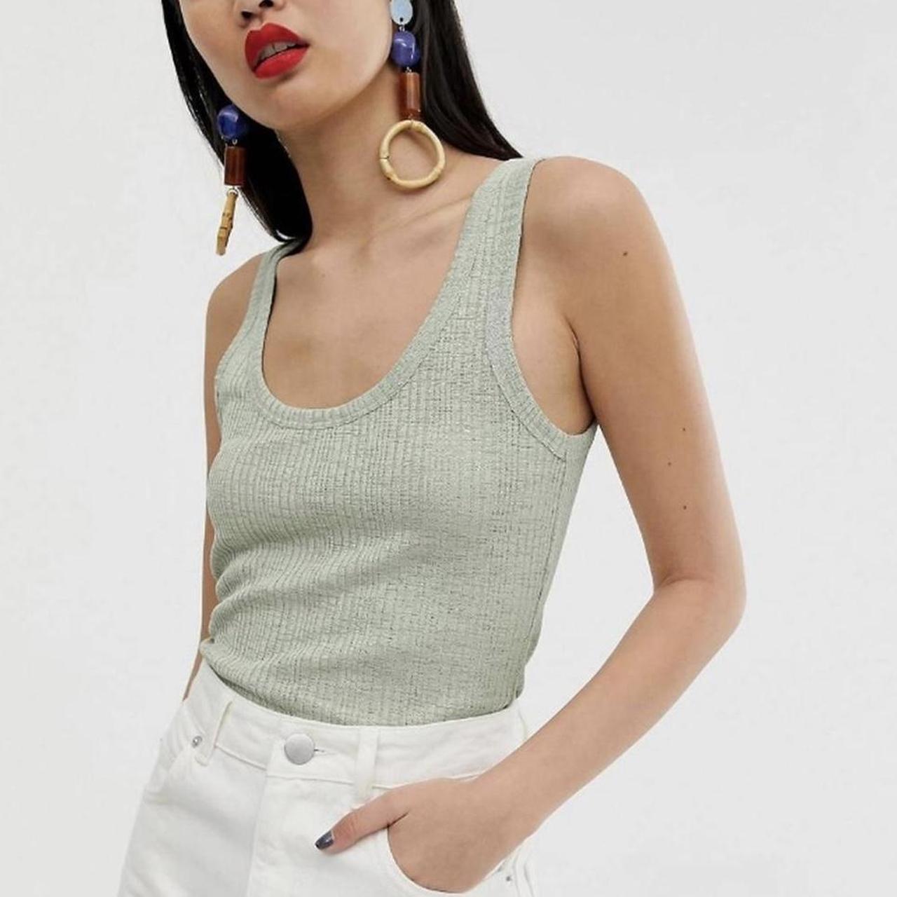 Mango light sage/khaki green rib knit tank vest cami... Depop