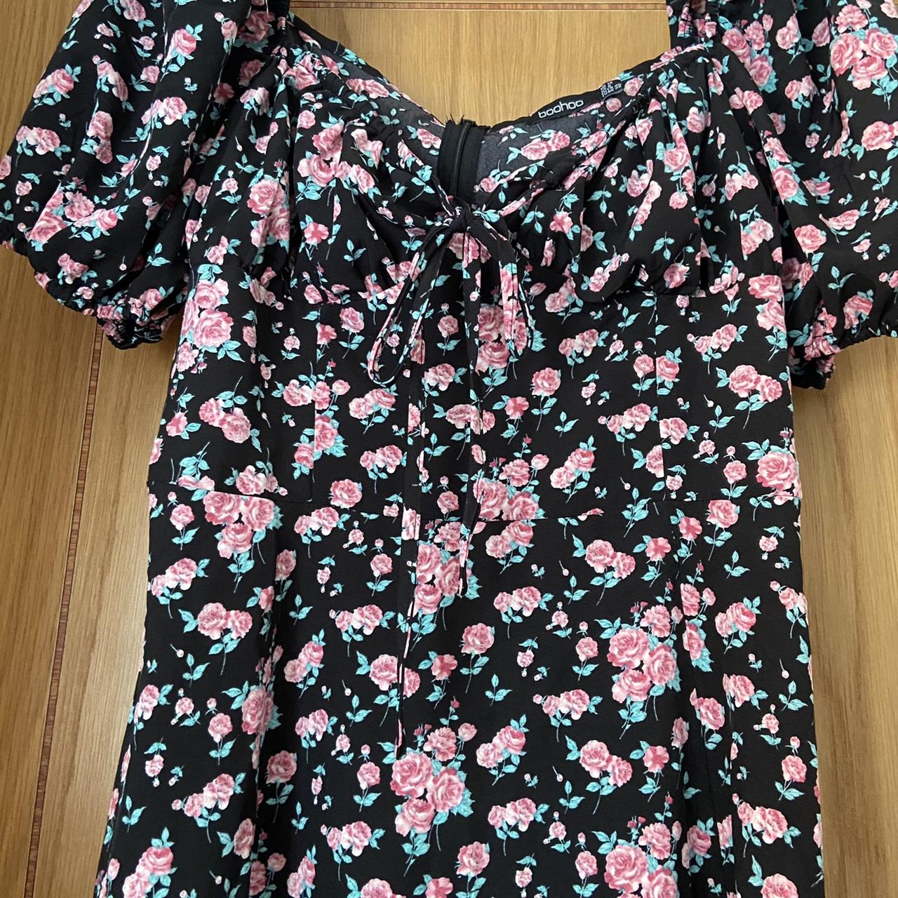 Boohoo midi dress in black pink floral print size 12... - Depop