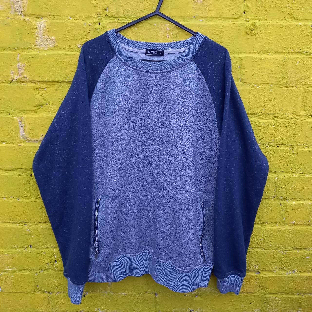 Peacocks navy and grey long sleeve thick jumper with... - Depop
