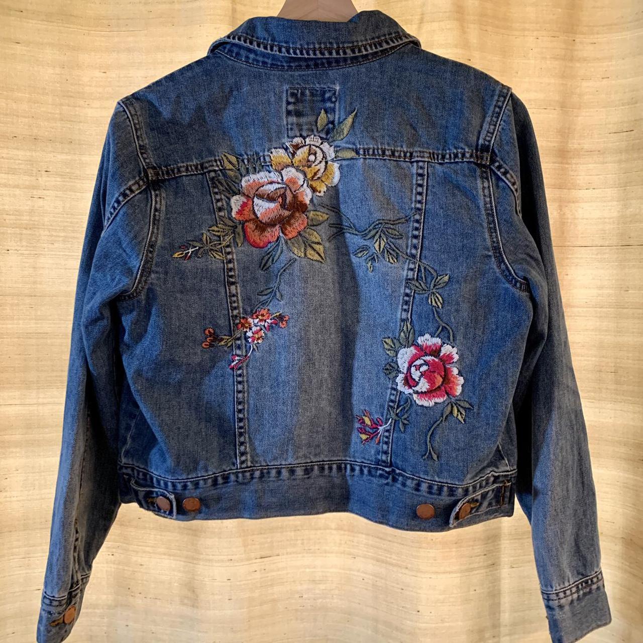 Super cute denim jacket with a floral embroidery on... - Depop