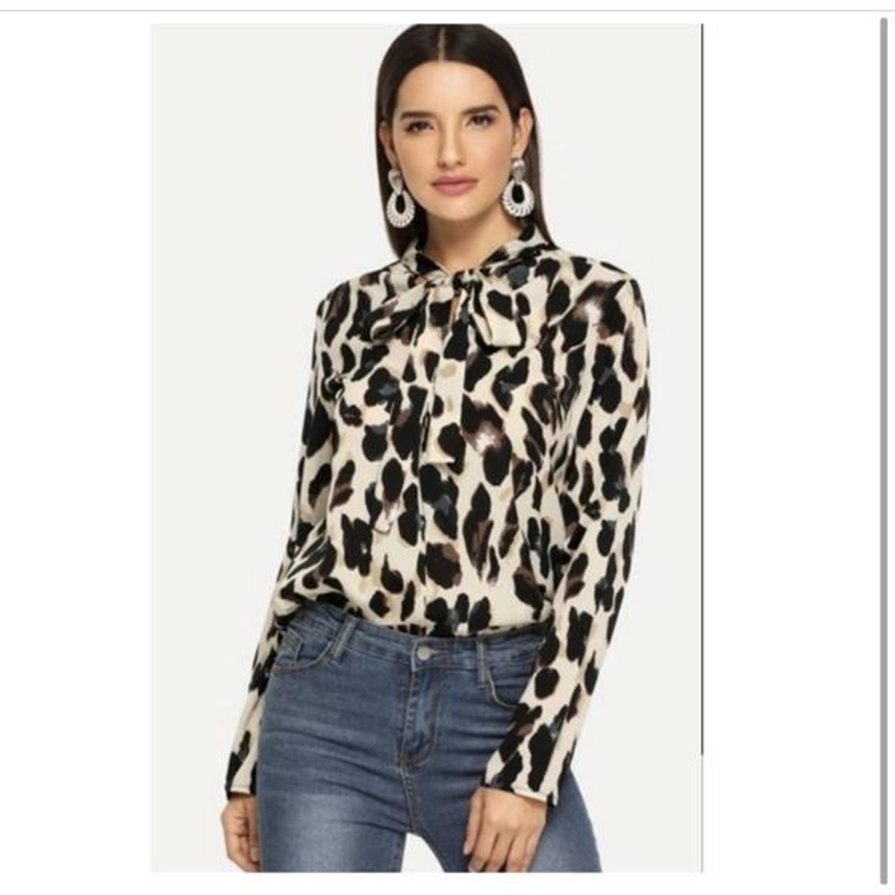 Shein Animal Leopard Print Pussy Bow Blouse Shirt... - Depop