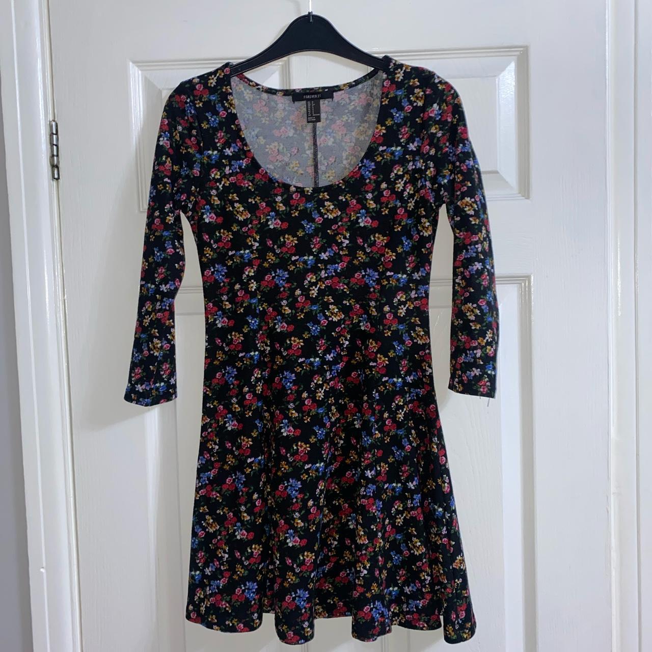 black floral long sleeve dress size small forever... - Depop