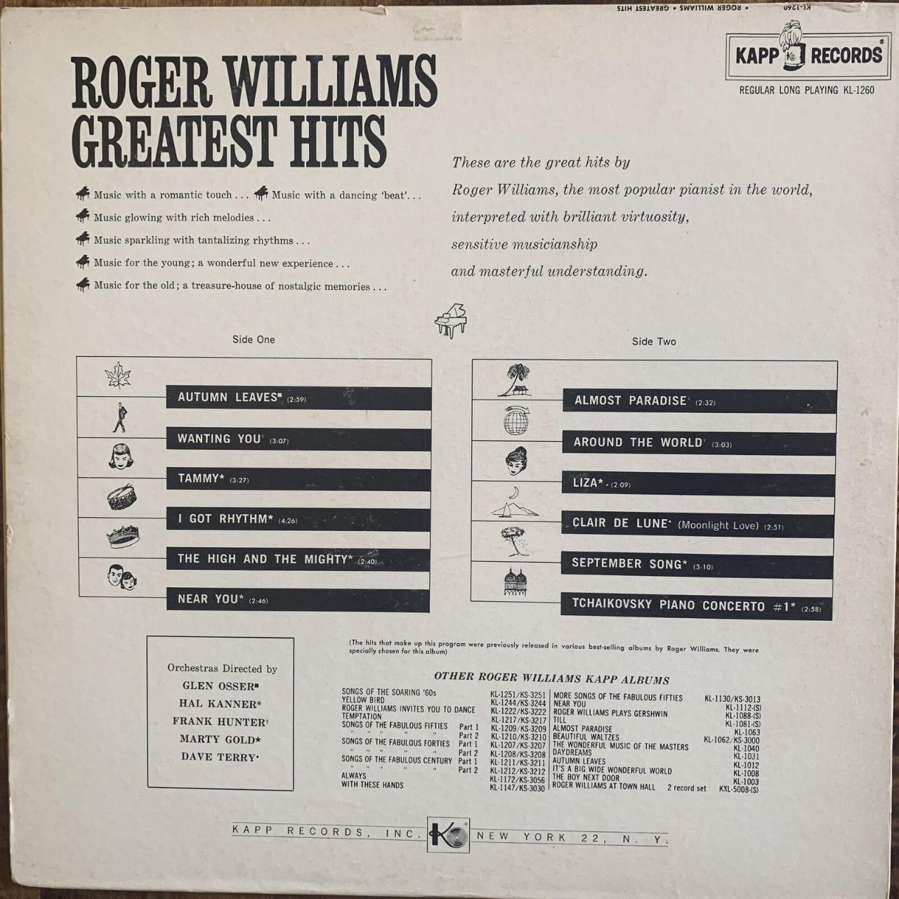 ROGER WILLIAMS GREATEST HITS VINYL LP KAPP KL1260... Depop