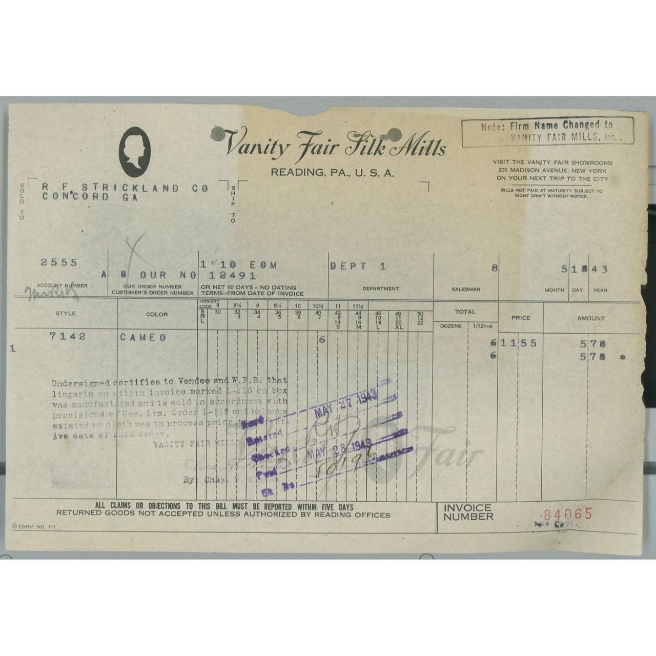 1943 Vanity Fair Silk Mills Reading PA Invoice R.F.... Depop